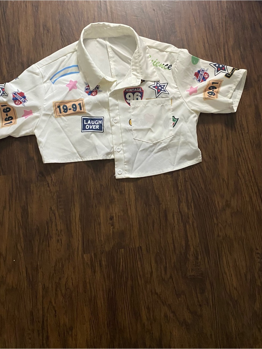 SHEIN White Cropped Button-Down Shirt with Colorful Patch Prints